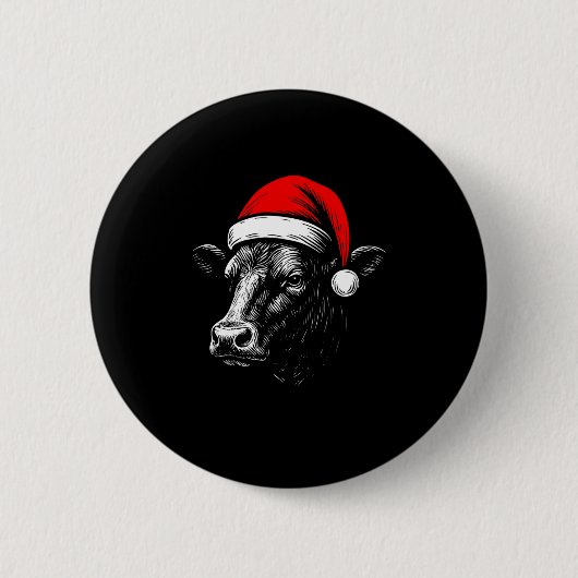 Black Angus Rancher Christmas Cow Santa Hat Farmer Ronde Button 5,7 Cm (Voorkant)