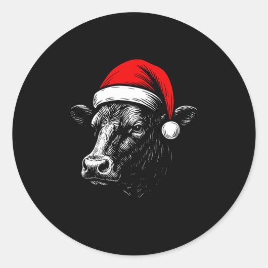 Black Angus Rancher Christmas Cow Santa Hat Farmer Ronde Sticker (Voorkant)