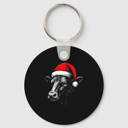 Black Angus Rancher Christmas Cow Santa Hat Farmer Sleutelhanger (Voorkant)