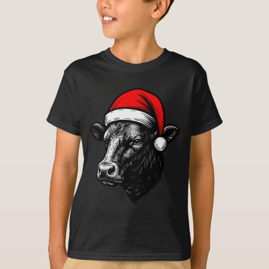 Black Angus Rancher Christmas Cow Santa Hat Farmer T-shirt (Voorkant)