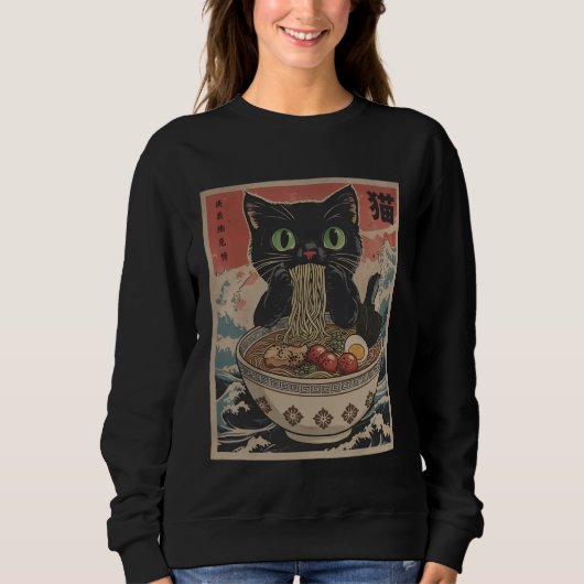 Black Anime Cat Ramen Noodles Japanese Funny Kawai Trui (Voorkant)