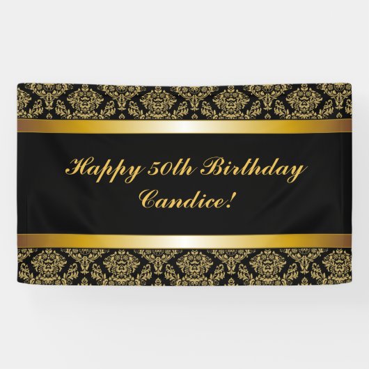 Black Any Age Gold Damask Birthday Banner (Horizontaal)