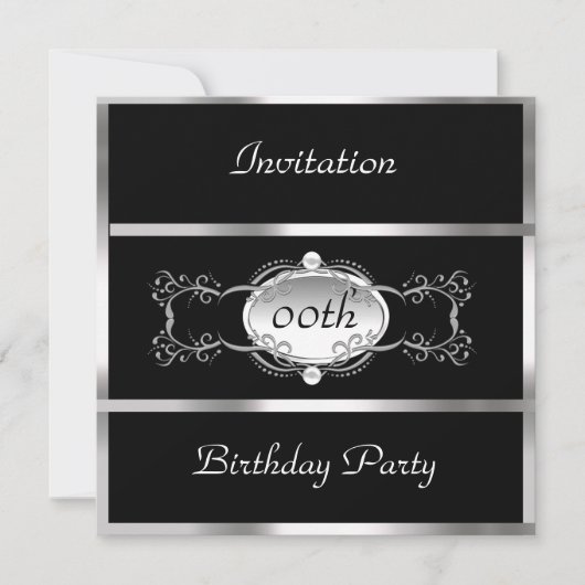 Black Any Birthday Invitation Black en Silver Kaart (Voorkant)