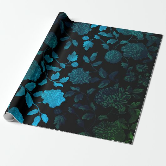 Black Aqua Blue Ombre Modern  Floral Toile Cadeaupapier (Uitgerold)