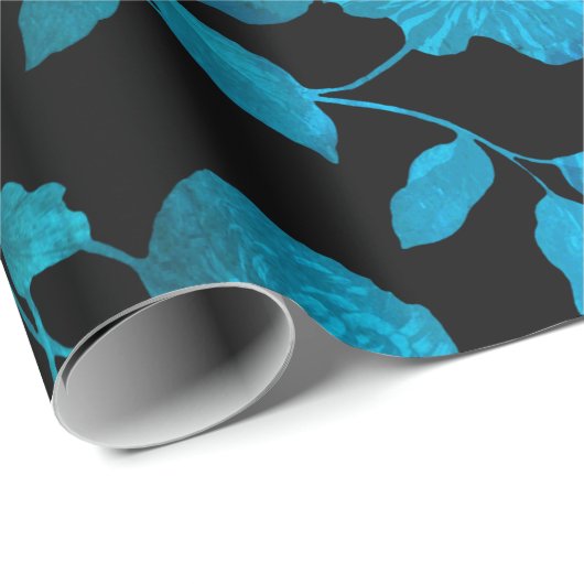 Black Aqua Blue Ombre Modern  Floral Toile Cadeaupapier (Rol Hoek)