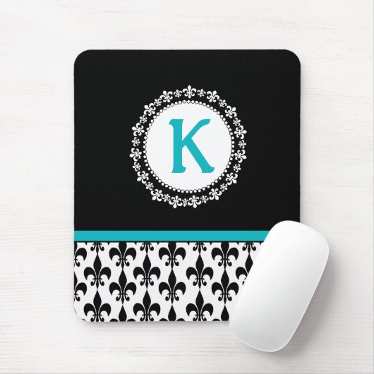 Black Aqua Monogram Fleur de Lis Mousepad Muismat (Met muis)