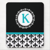 Black Aqua Monogram Fleur de Lis Mousepad Muismat (Voorkant)