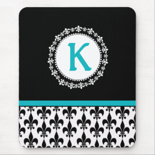 Black Aqua Monogram Fleur de Lis Mousepad Muismat