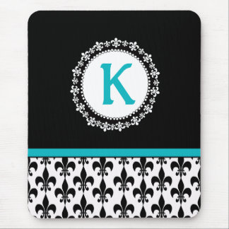 Black Aqua Monogram Fleur de Lis Mousepad Muismat