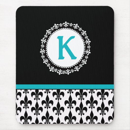 Black Aqua Monogram Fleur de Lis Mousepad Muismat (Voorkant)