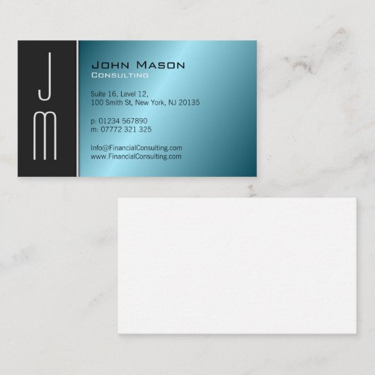 Black Aqua Monogram Professional Visitekaartje (Voorkant / Achterkant)