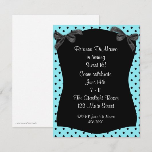 Black Aqua Polka Dot Invitation Kaart (Voorkant / Achterkant)