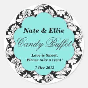 Black & Aqua Scallop Damask Snoep Buffet Sticker