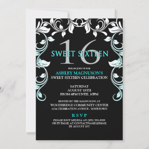 Black/Aqua Vines Sweet 16 Uitnodiging