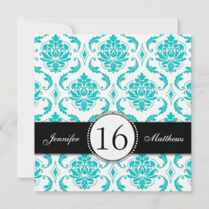 Black Aqua White Damask Sweet Sixteen-uitnodiginge Kaart