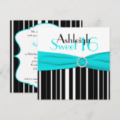 Black, Aqua, White Sweet Sixteen Uitnodiging (Voorkant / Achterkant)