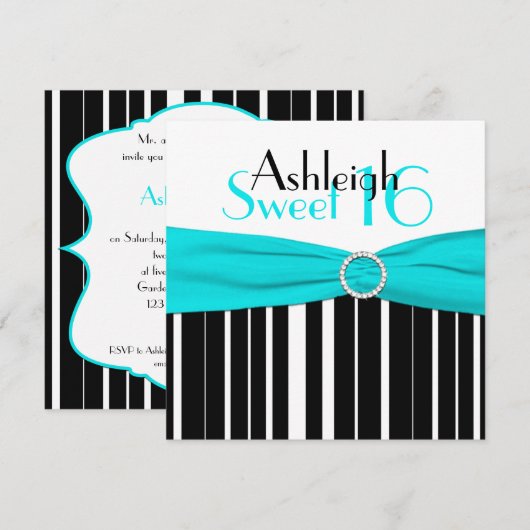 Black, Aqua, White Sweet Sixteen Uitnodiging (Voorkant / Achterkant)