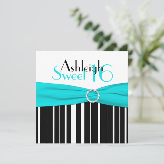 Black, Aqua, White Sweet Sixteen Uitnodiging (Staand voorkant)