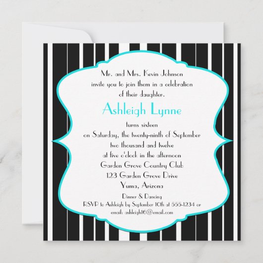 Black, Aqua, White Sweet Sixteen Uitnodiging (Achterkant)