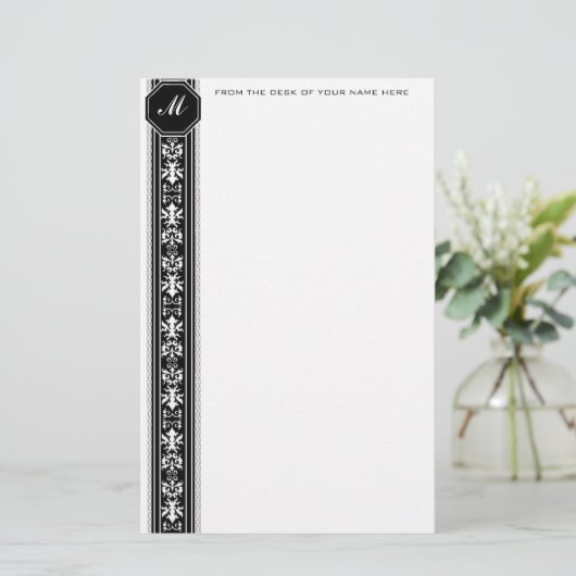 Black Arabesque Monogram Stationery Briefpapier (Staand voorkant)