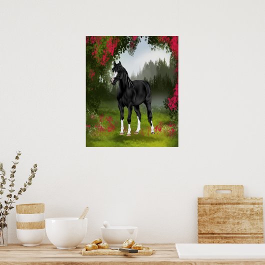 Black Arabian Horse in Spring Meadow Poster (Keuken)