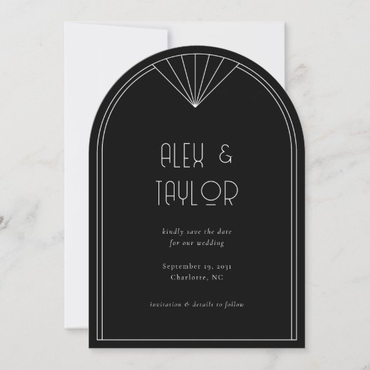 Black Art Deco Arch Lijst Wedding Save the Date Kaart (Voorkant)