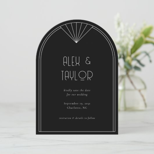 Black Art Deco Arch Lijst Wedding Save the Date Kaart (Staand voorkant)