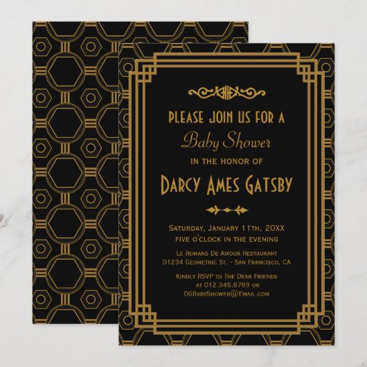 Black Art Deco Baby shower nodigt Kaart (Voorkant / Achterkant)