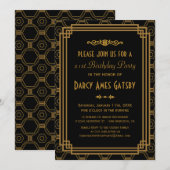 Black Art Deco Birthday Party nodigt Kaart (Voorkant / Achterkant)