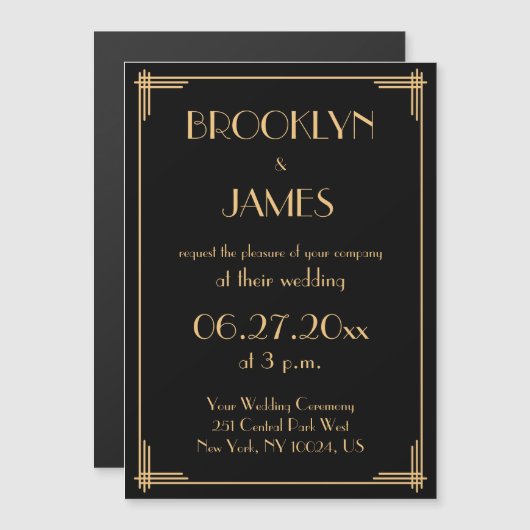 Black Art Deco Great Gatsby Wedding Invitatation Magnetische Uitnodiging (Voorkant / Achterkant)