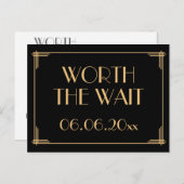 Black Art Deco Great Gatsby Worth the Wait Aankondigingskaart (Voorkant / Achterkant)