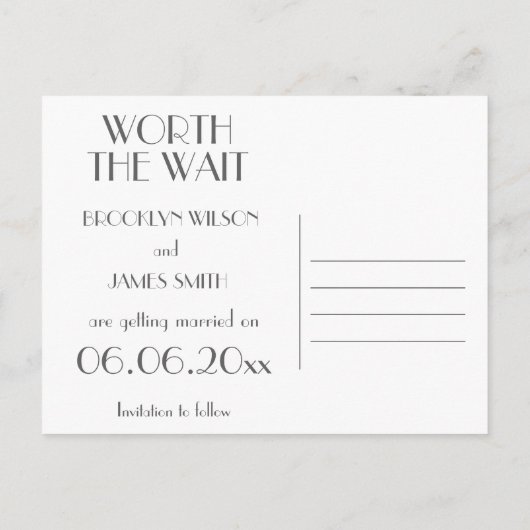 Black Art Deco Great Gatsby Worth the Wait Aankondigingskaart (Achterkant)