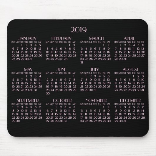 Black Art Deco Pink Yarly Calendar 2019 Mousepad Muismat (Voorkant)