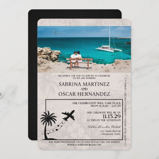 Black Aruba Passport Wedding Invitation Kaart (Voorkant / Achterkant)