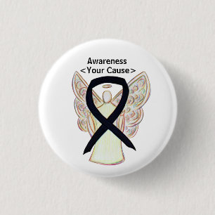 Black Awareness Ribbon Art Gepersonaliseerd Angel  Ronde Button 3,2 Cm