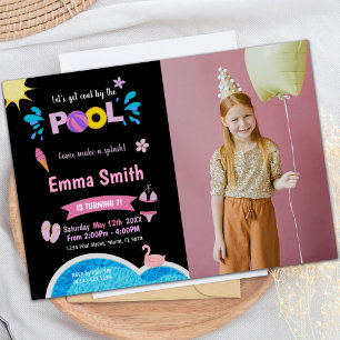 Black Background Pool Birthday Invitations w foto Kaart
