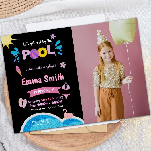 Black Background Pool Birthday Invitations w foto Kaart