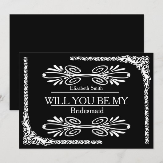 Black Background Swirl Will you be my bridesmaid Kaart (Voorkant / Achterkant)
