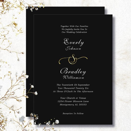 Black Background White Gold Minimal Chic Wedding Kaart