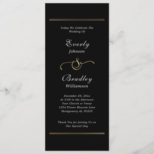 Black Background White Script Elegant Wedding  Programmakaart (Voorkant)
