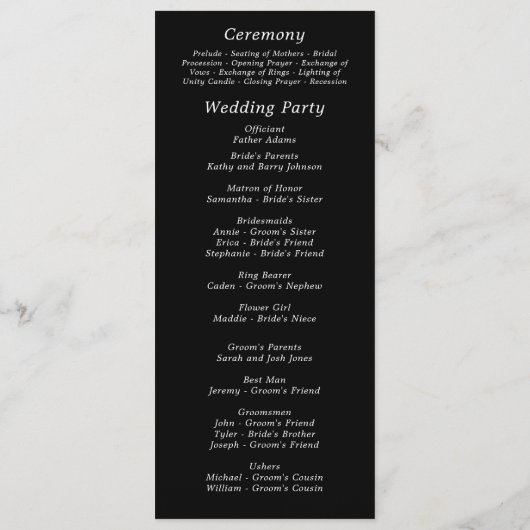 Black Background White Script Elegant Wedding  Programmakaart (Achterkant)