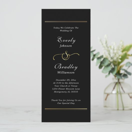Black Background White Script Elegant Wedding  Programmakaart (Staand voorkant)