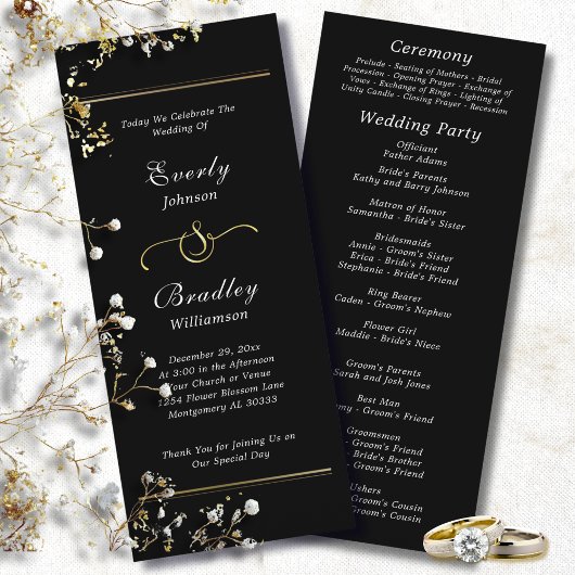 Black Background White Script Elegant Wedding  Programmakaart