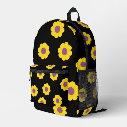 Black Backpack With Yellow & Purple Flowers  Bedrukte Rugzak (Achterkant Hoek Rechts)