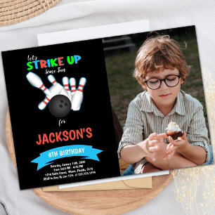 Black Ball Bowling Birthday-uitnodigingen met foto Kaart