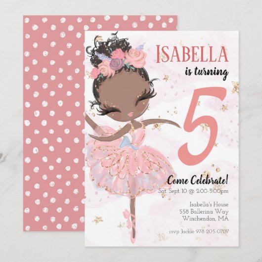 Black Ballerina Birthday Party Invitation Kaart (Voorkant / Achterkant)