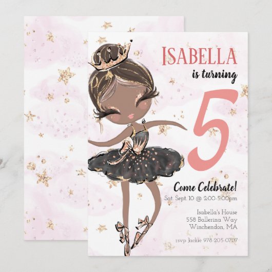 Black Ballerina Birthday Party Invitation Kaart (Voorkant / Achterkant)