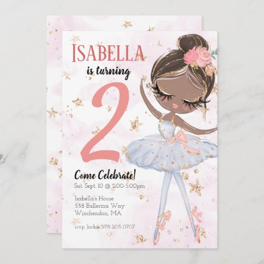Black Ballerina Birthday Party Invitation Kaart (Voorkant / Achterkant)
