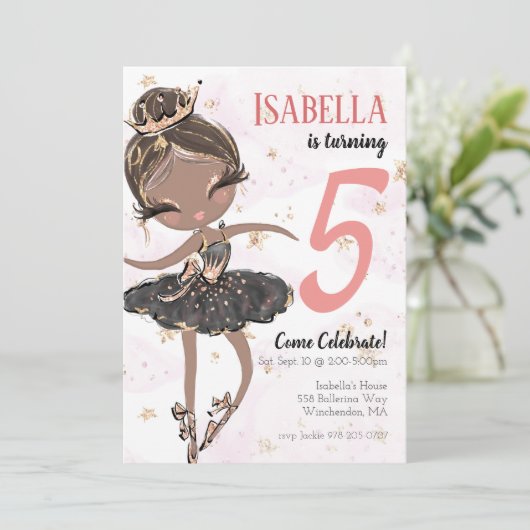 Black Ballerina Birthday Party Invitation Kaart (Staand voorkant)