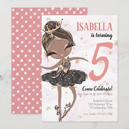 Black Ballerina Birthday Party Invitation Kaart (Voorkant / Achterkant)